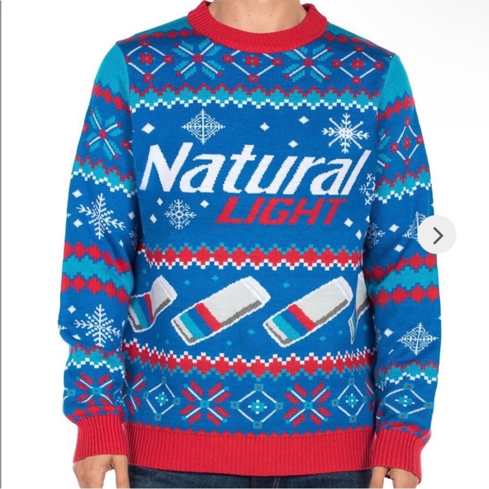 TIPSY ELVES UGLY CHRISTMAS SWEATER  NATURAL LIGHT BEER SWEATER